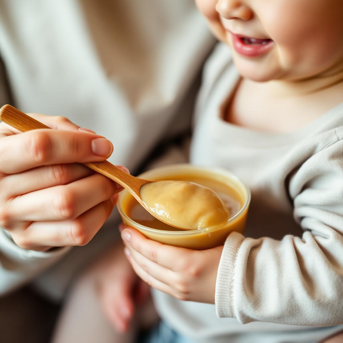 Mother feeding baby with a wooden spoon